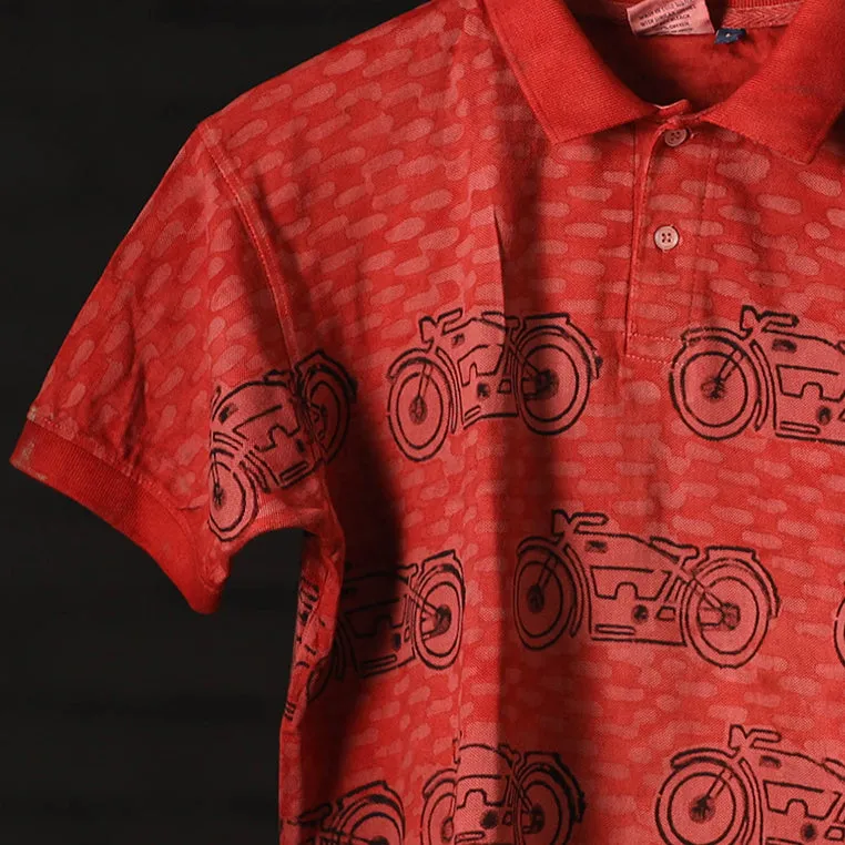 Red - Bindaas Natural Dyed Art Block Print Polo Collar T-shirt in Cotton