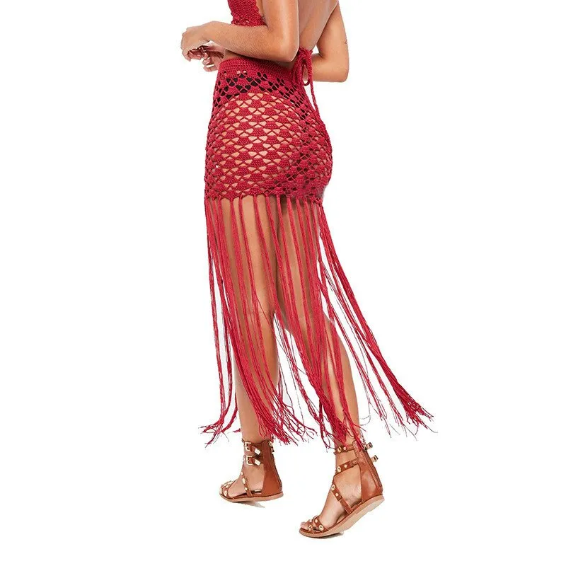 Red Crochet Mini Skirt With Maxi Fringe Great Bikini Swimsuit Cover Or Capture Everyone's Attention Anywhere Available In Small Medium Large Or Extra Large