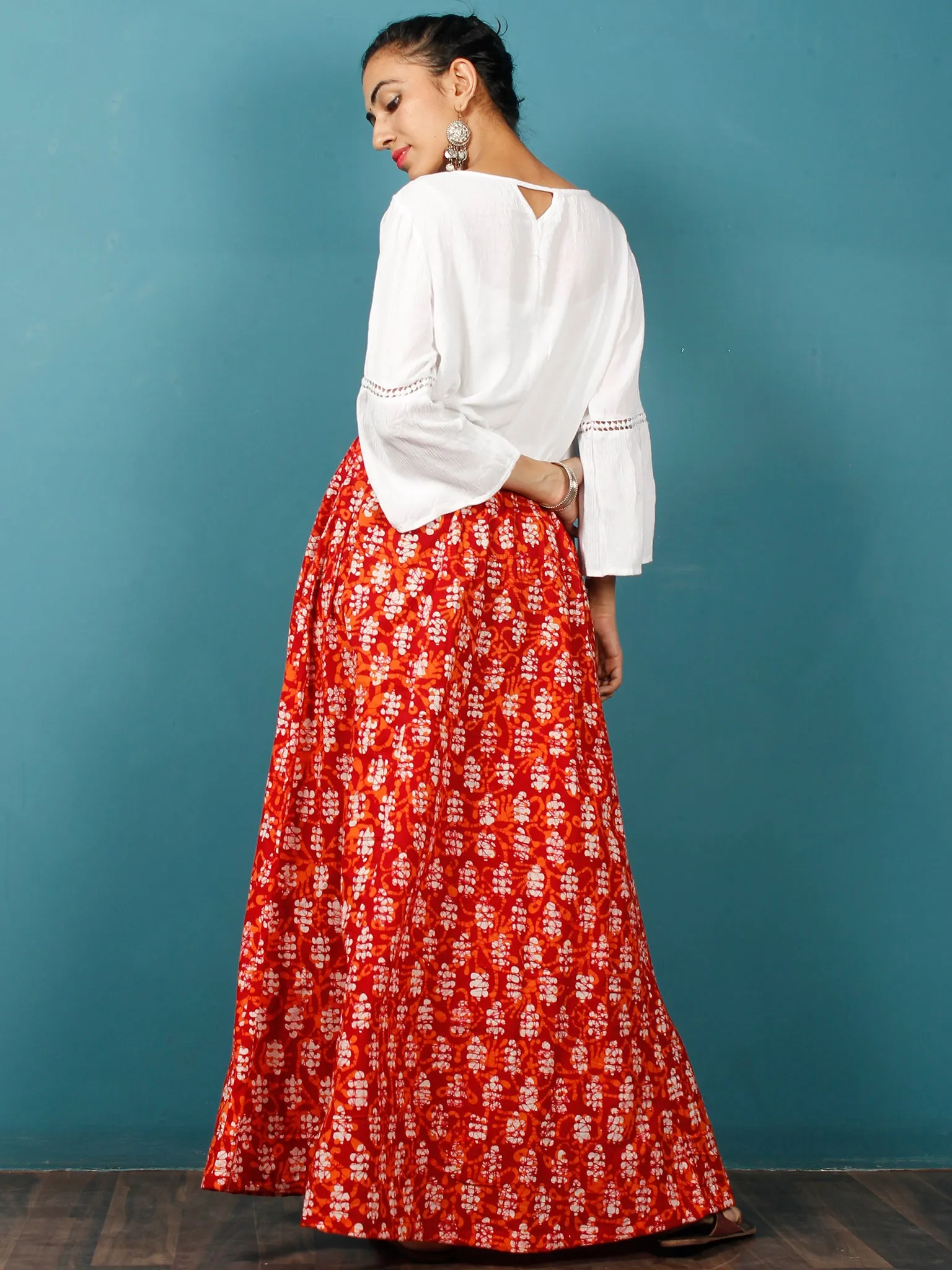 Red Orange White Hand Block Printed Kali Skirt  - S40F311