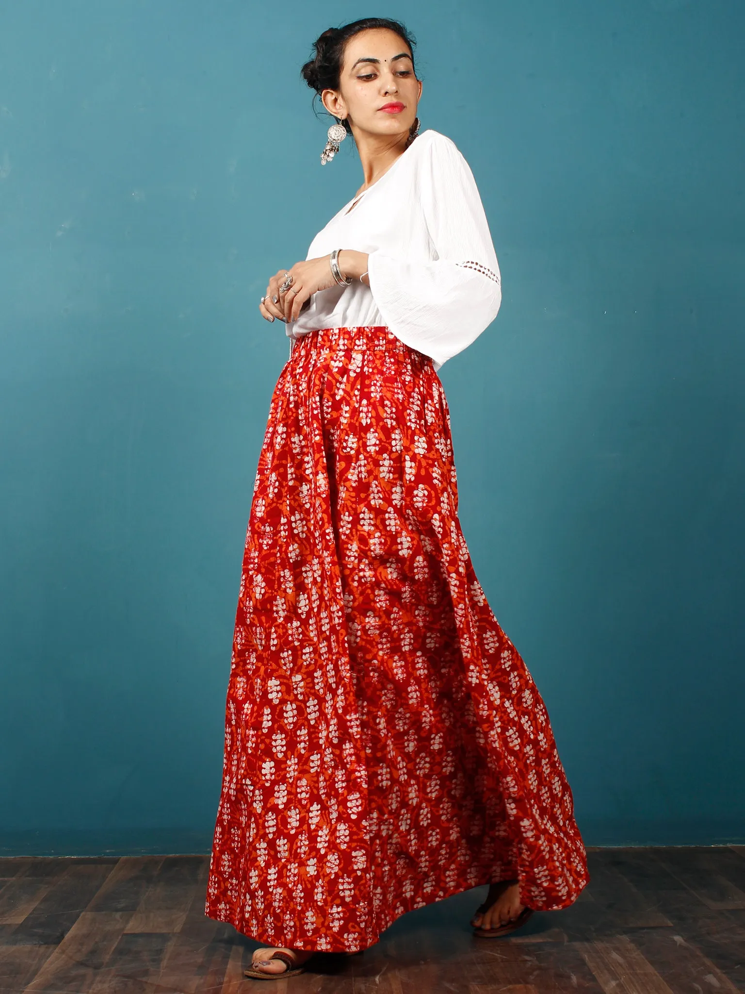 Red Orange White Hand Block Printed Kali Skirt  - S40F311