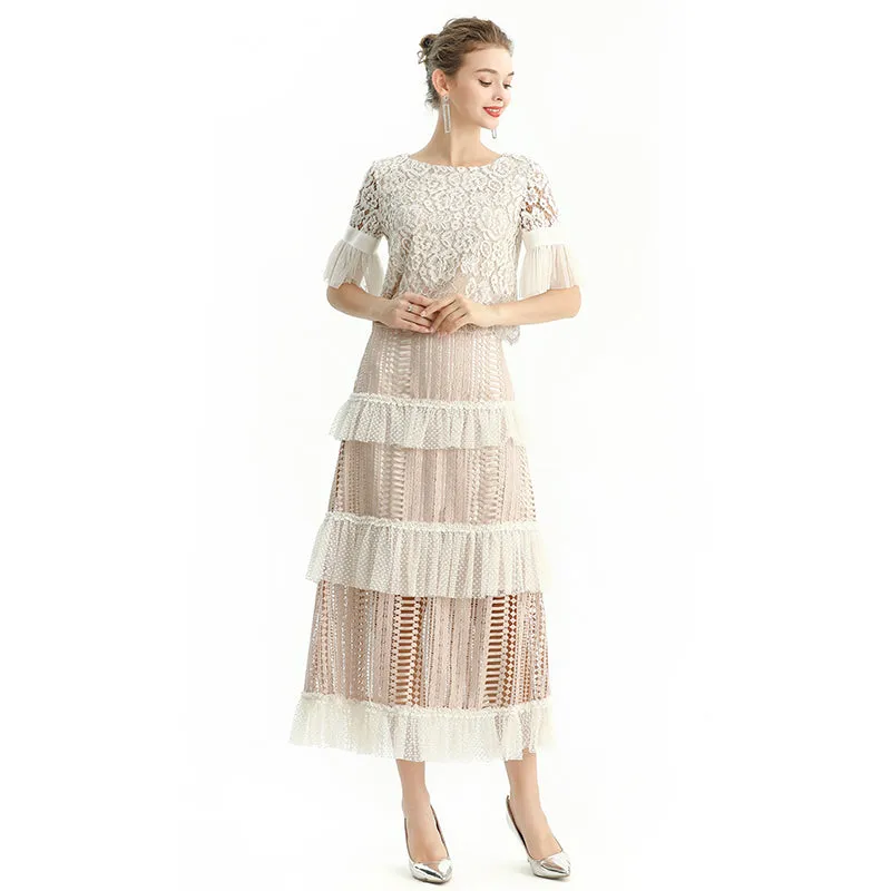 S149 Women macramé lace-panel design Swiss dot tiered ruffle long skirt