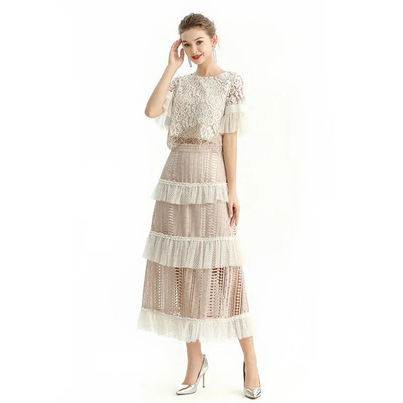 S149 Women macramé lace-panel design Swiss dot tiered ruffle long skirt