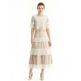 S149 Women macramé lace-panel design Swiss dot tiered ruffle long skirt