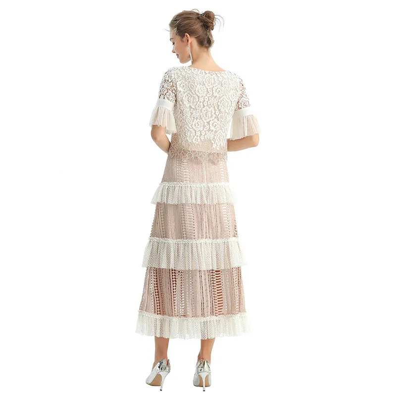 S149 Women macramé lace-panel design Swiss dot tiered ruffle long skirt