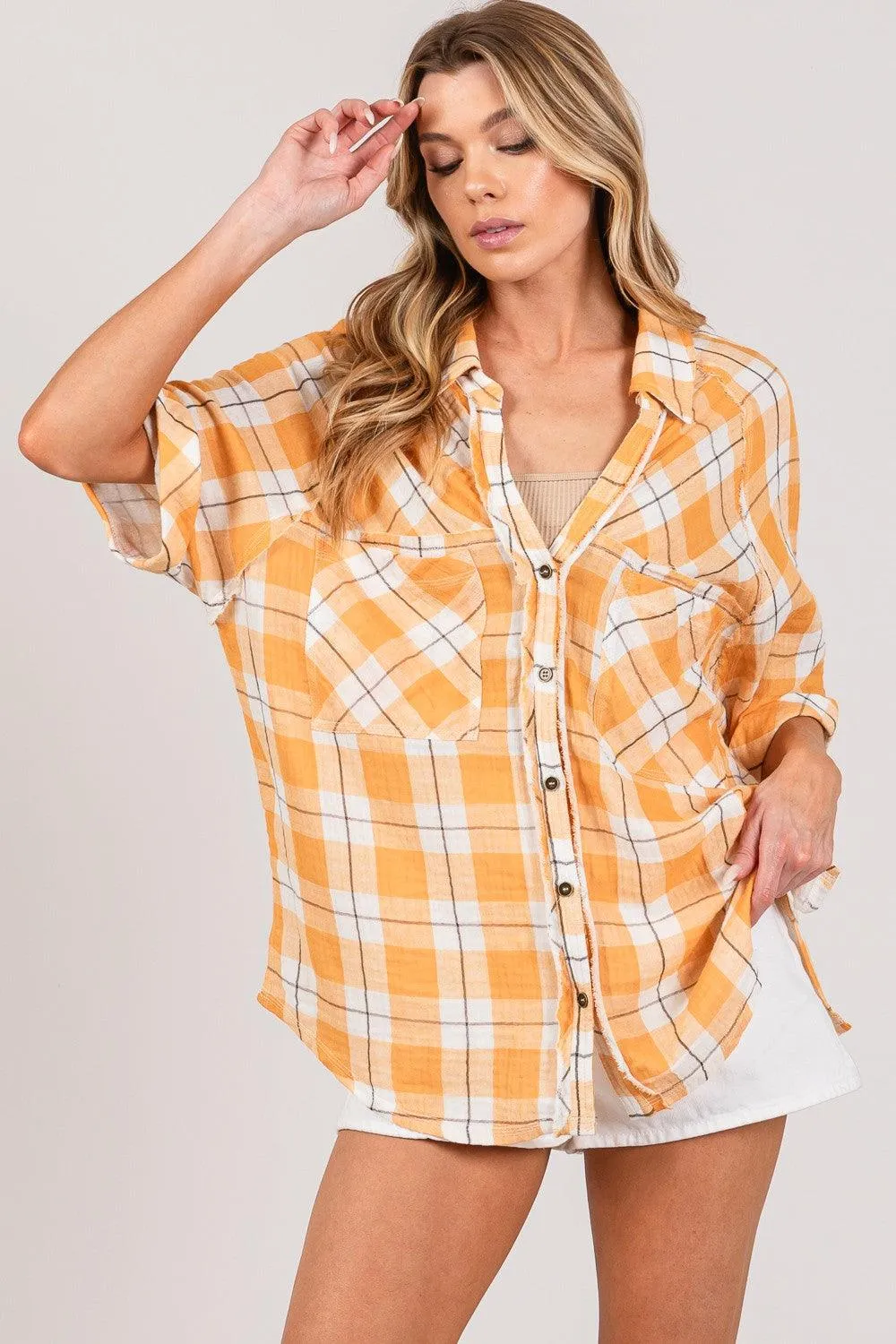 SAGE   FIG Plaid Button Up Side Slit Shirt