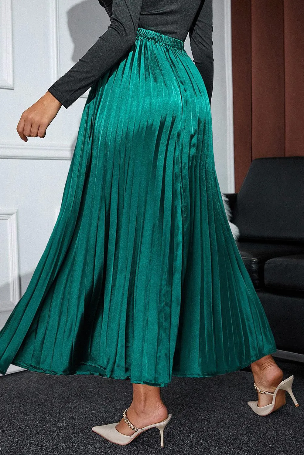 Satin Green Holiday Pleated Maxi Skirt