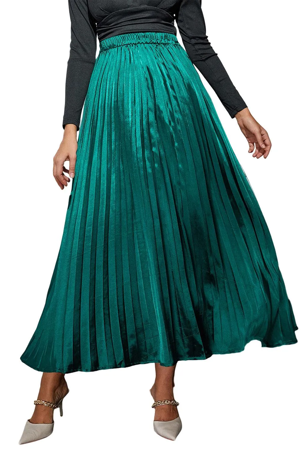 Satin Green Holiday Pleated Maxi Skirt