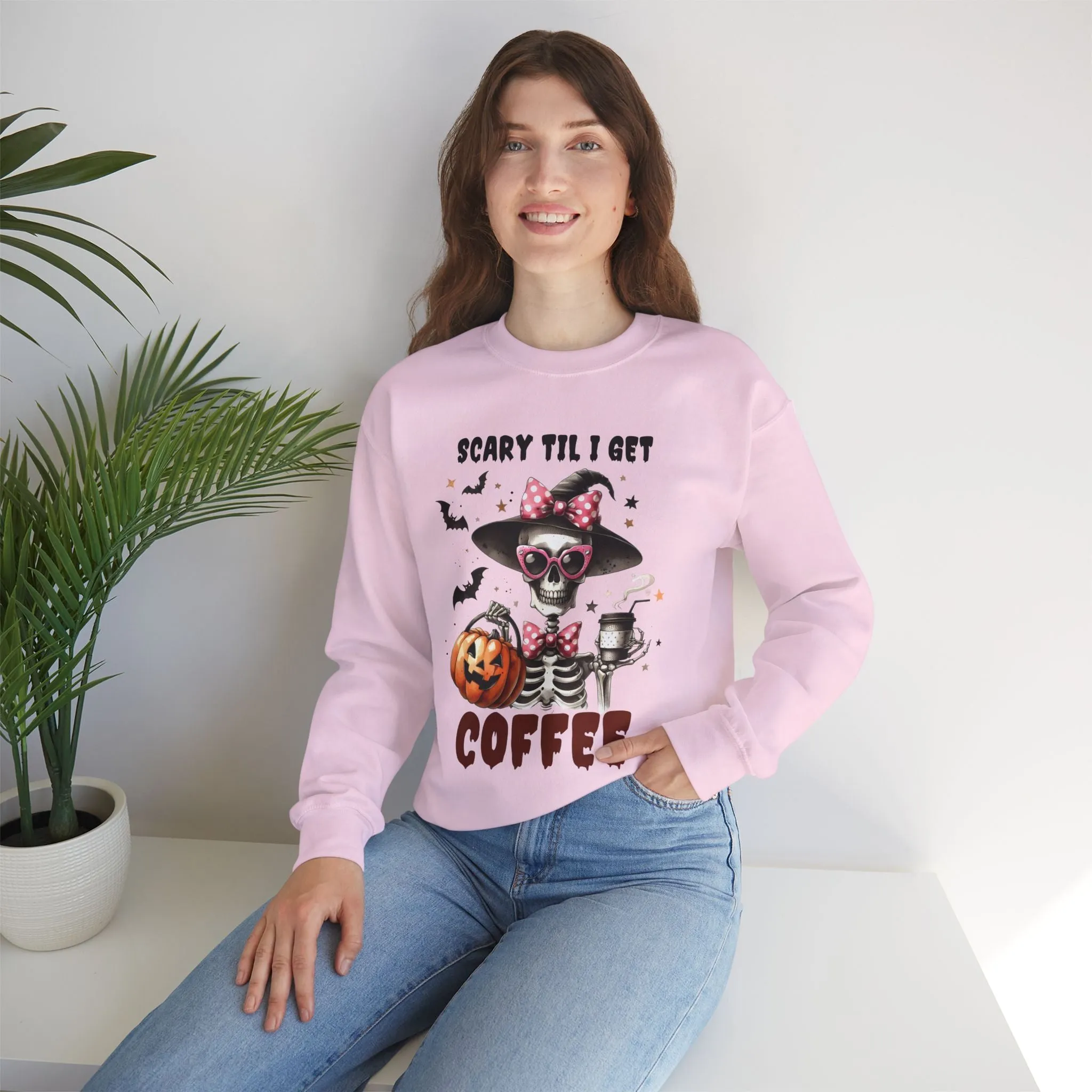 Scary Til I Get Coffee Halloween Sweatshirt, Happy Halloween Sweatshirt - Unisex Heavy Blend Crewneck, Halloween Sweatshirt, Cute Spooky Ghost sweatshirt.