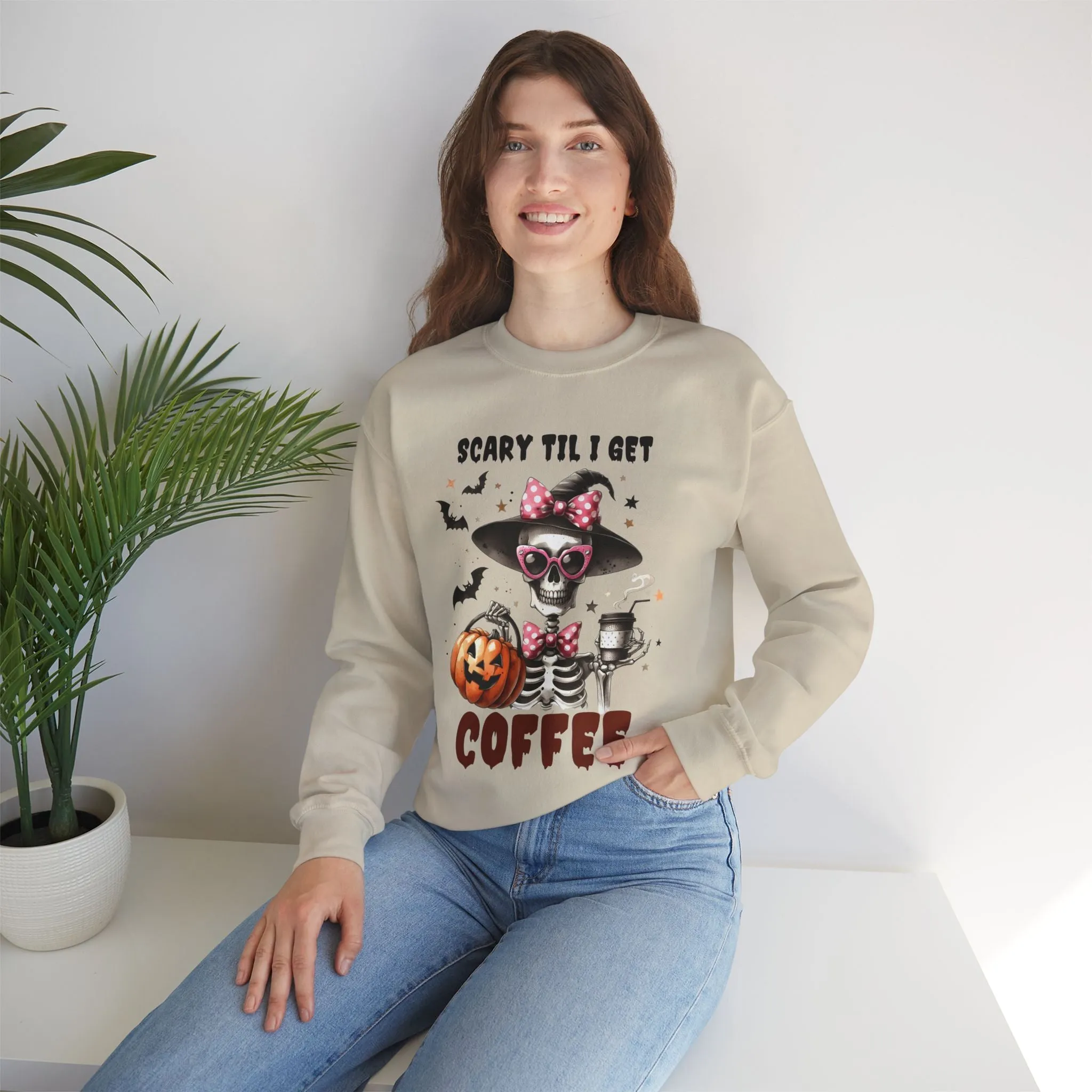 Scary Til I Get Coffee Halloween Sweatshirt, Happy Halloween Sweatshirt - Unisex Heavy Blend Crewneck, Halloween Sweatshirt, Cute Spooky Ghost sweatshirt.