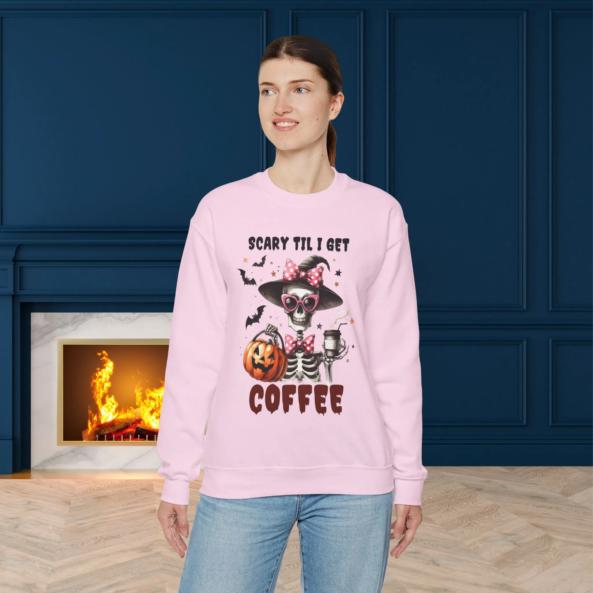 Scary Til I Get Coffee Halloween Sweatshirt, Happy Halloween Sweatshirt - Unisex Heavy Blend Crewneck, Halloween Sweatshirt, Cute Spooky Ghost sweatshirt.