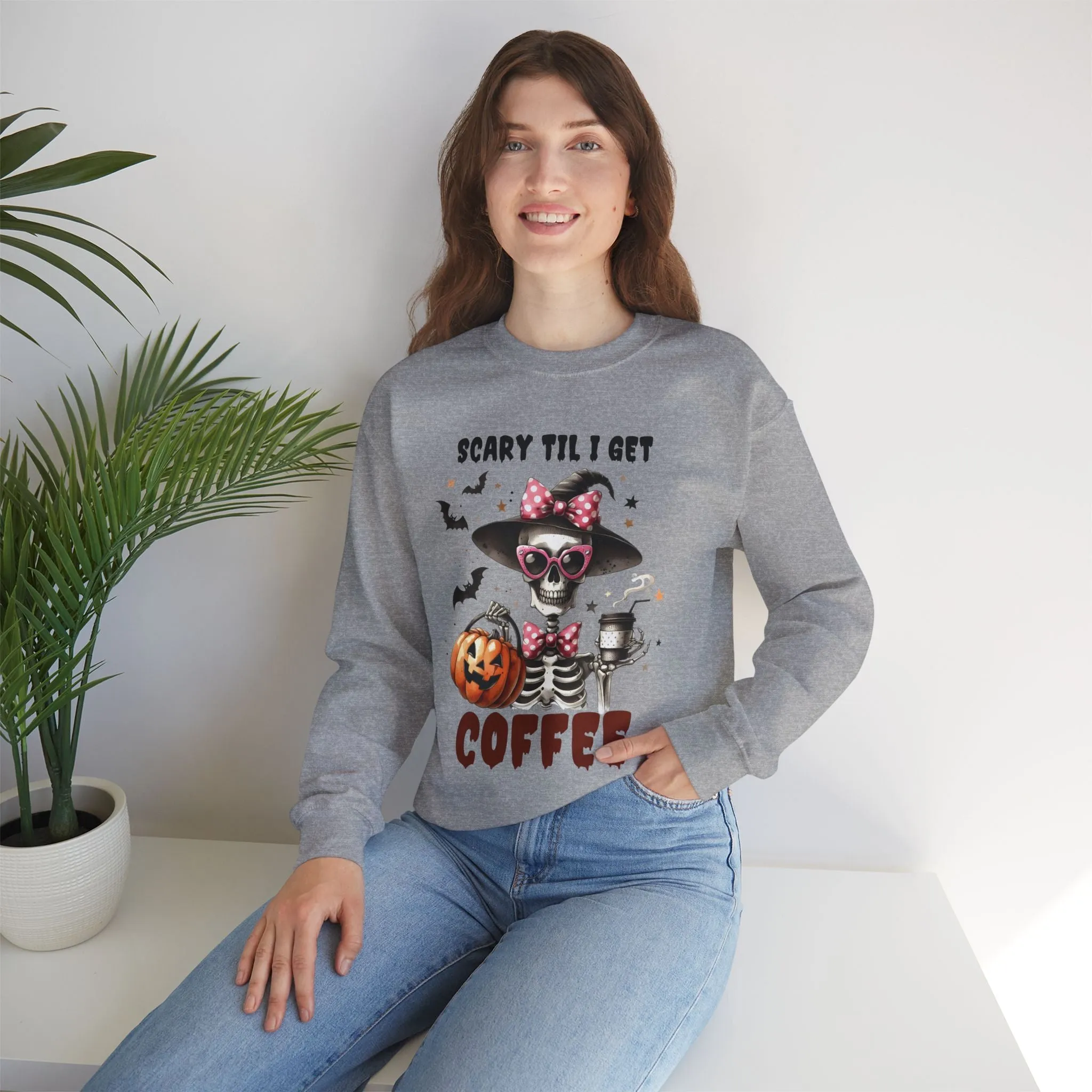 Scary Til I Get Coffee Halloween Sweatshirt, Happy Halloween Sweatshirt - Unisex Heavy Blend Crewneck, Halloween Sweatshirt, Cute Spooky Ghost sweatshirt.