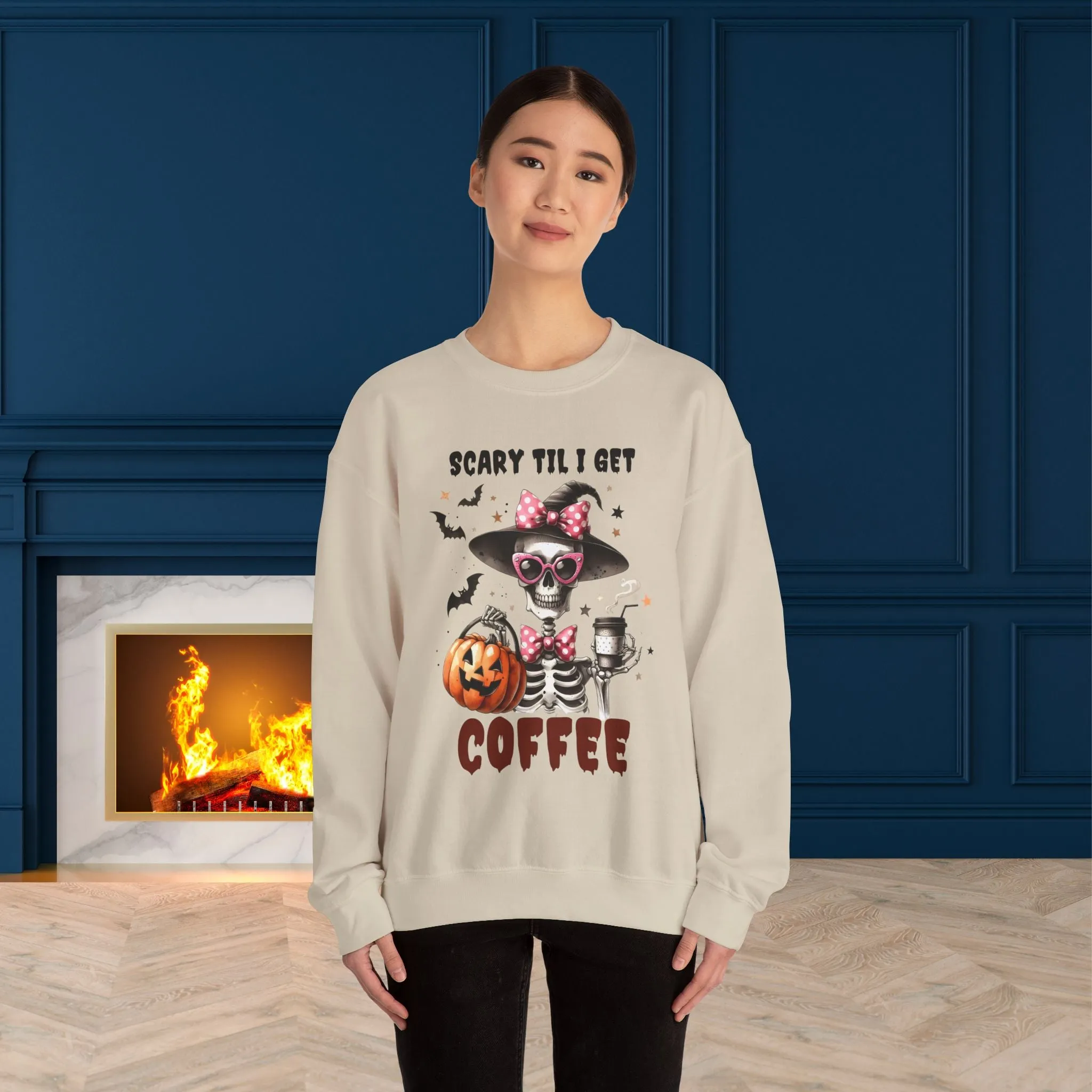 Scary Til I Get Coffee Halloween Sweatshirt, Happy Halloween Sweatshirt - Unisex Heavy Blend Crewneck, Halloween Sweatshirt, Cute Spooky Ghost sweatshirt.