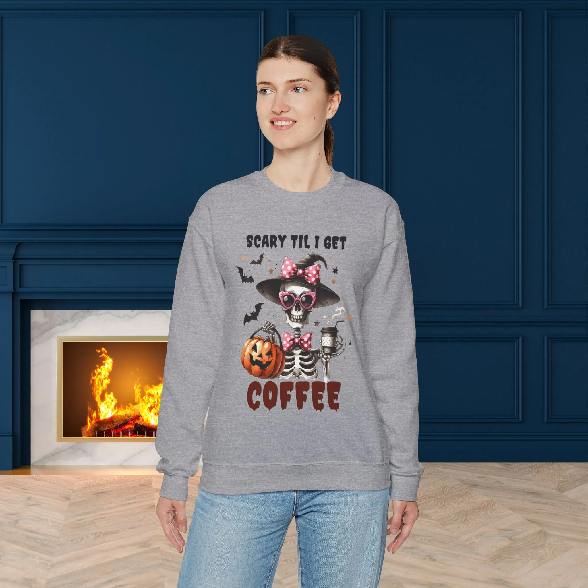 Scary Til I Get Coffee Halloween Sweatshirt, Happy Halloween Sweatshirt - Unisex Heavy Blend Crewneck, Halloween Sweatshirt, Cute Spooky Ghost sweatshirt.