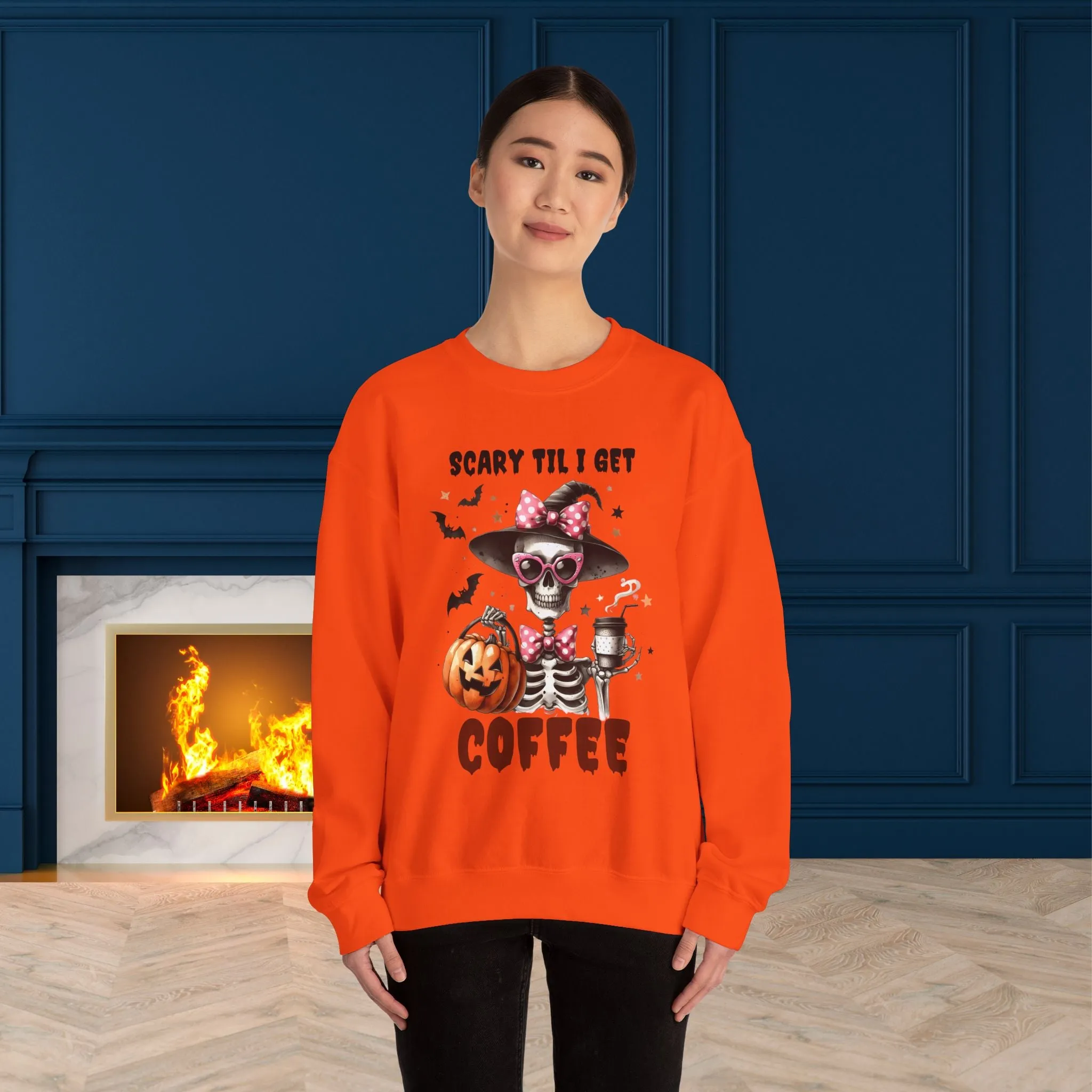 Scary Til I Get Coffee Halloween Sweatshirt, Happy Halloween Sweatshirt - Unisex Heavy Blend Crewneck, Halloween Sweatshirt, Cute Spooky Ghost sweatshirt.