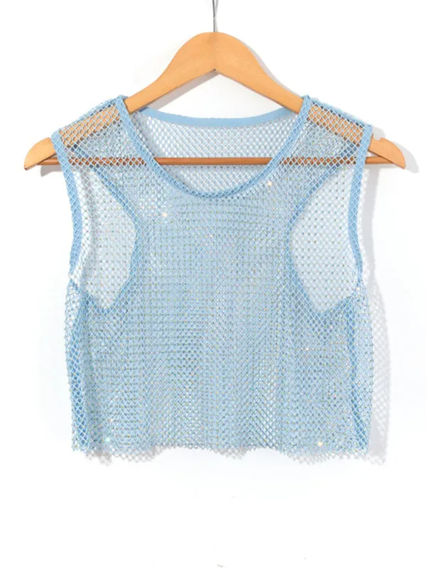 Sexy mesh flash diamond fishnet vest nightclub perspective hot girl T-shirt top