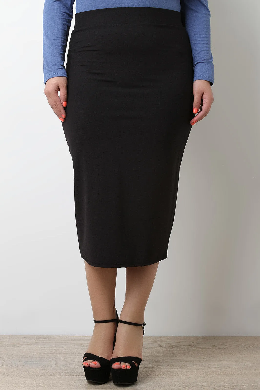 Solid Stretchy Midi Pencil Skirt