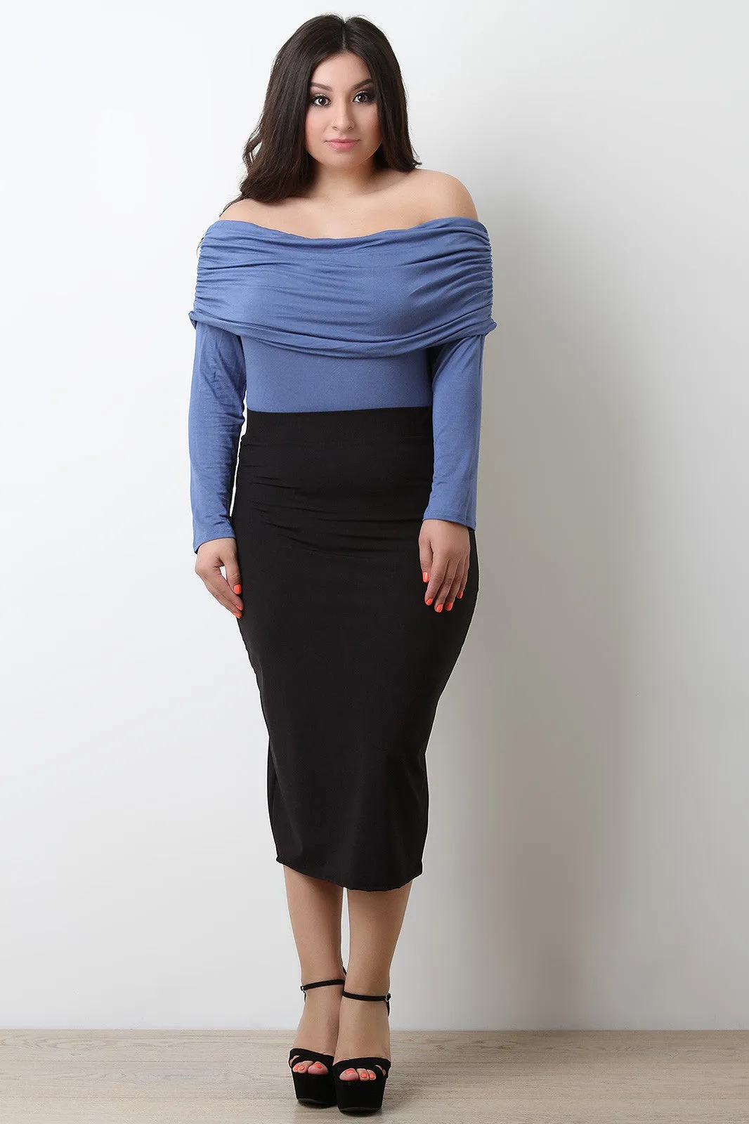 Solid Stretchy Midi Pencil Skirt