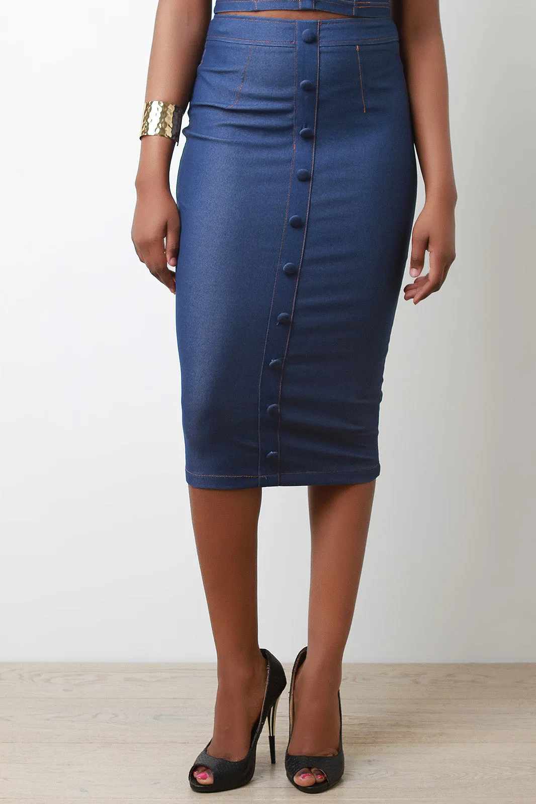 Stretchy Denim Button Decor High Waisted Pencil Skirt