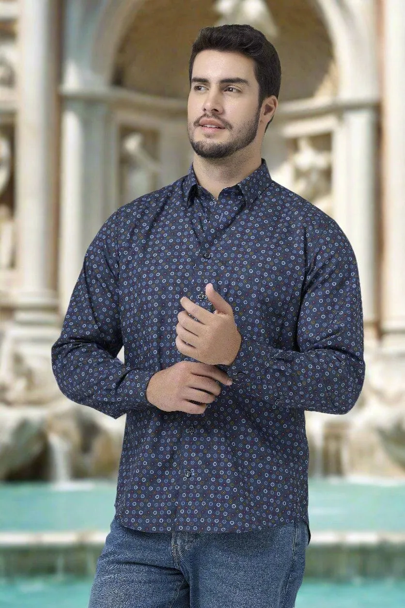 Stunning Print on Navy Hidden Button Down Long Sleeve Sport Shirt