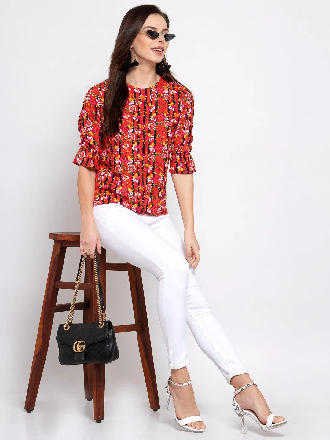 Style Quotient Women Coral And Multi Floral Printed Rayon Smart Casual Top