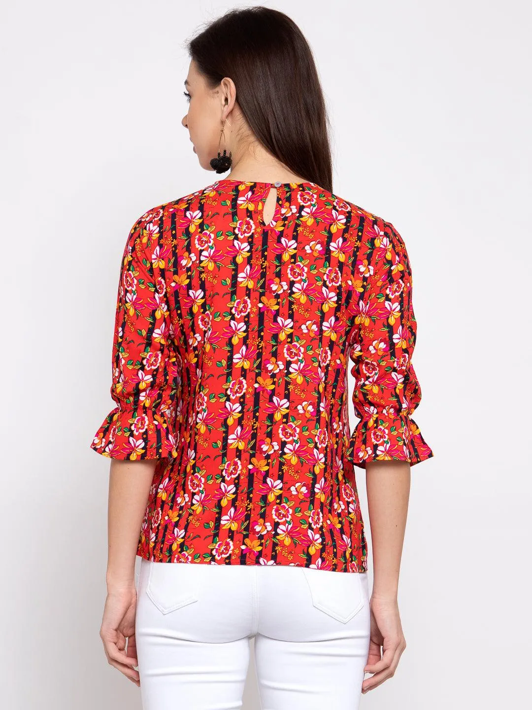 Style Quotient Women Coral And Multi Floral Printed Rayon Smart Casual Top