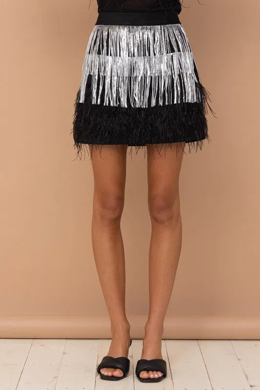 Suede Sequin Fringe & Feather Tiered Skirt