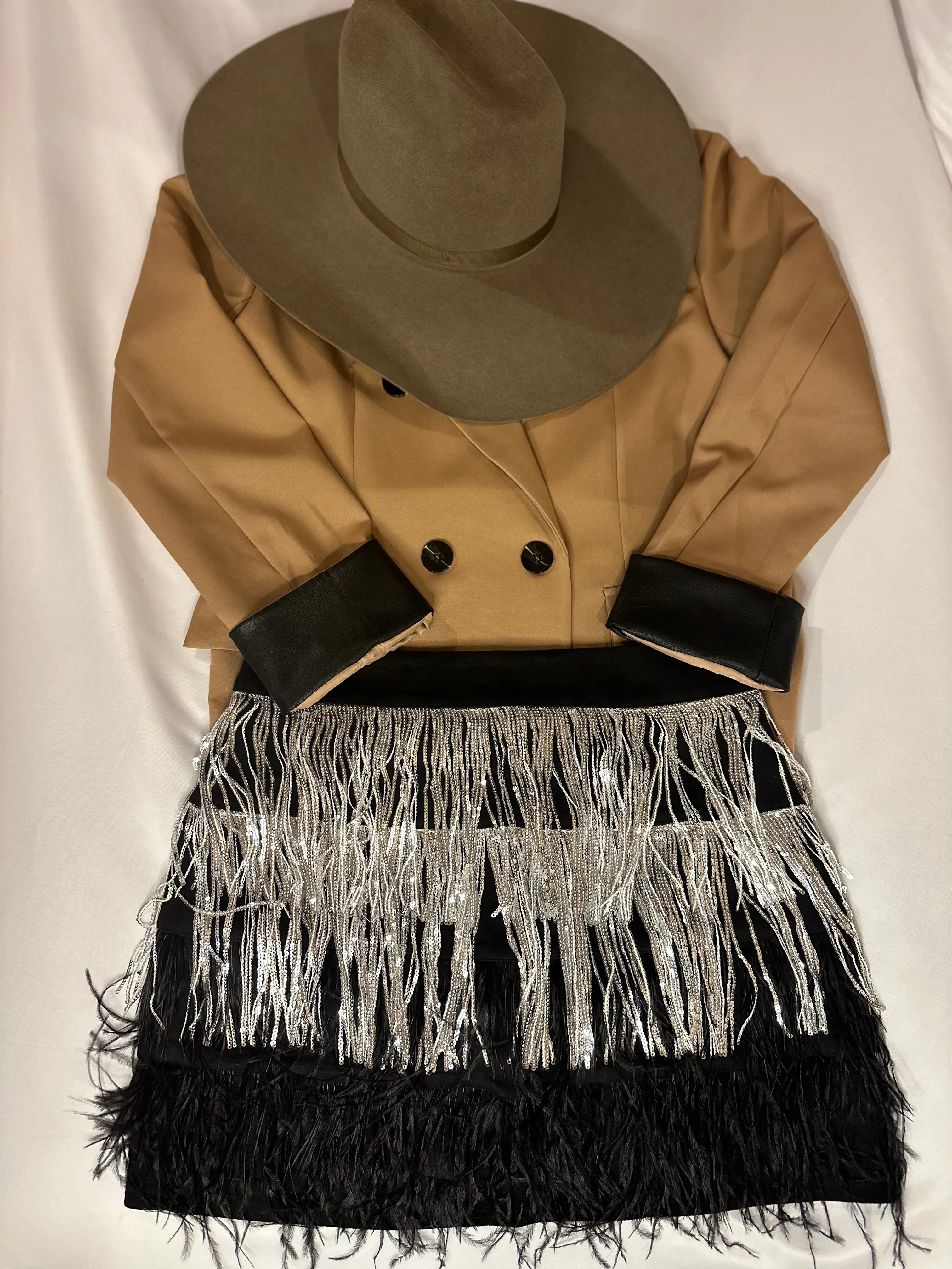 Suede Sequin Fringe & Feather Tiered Skirt