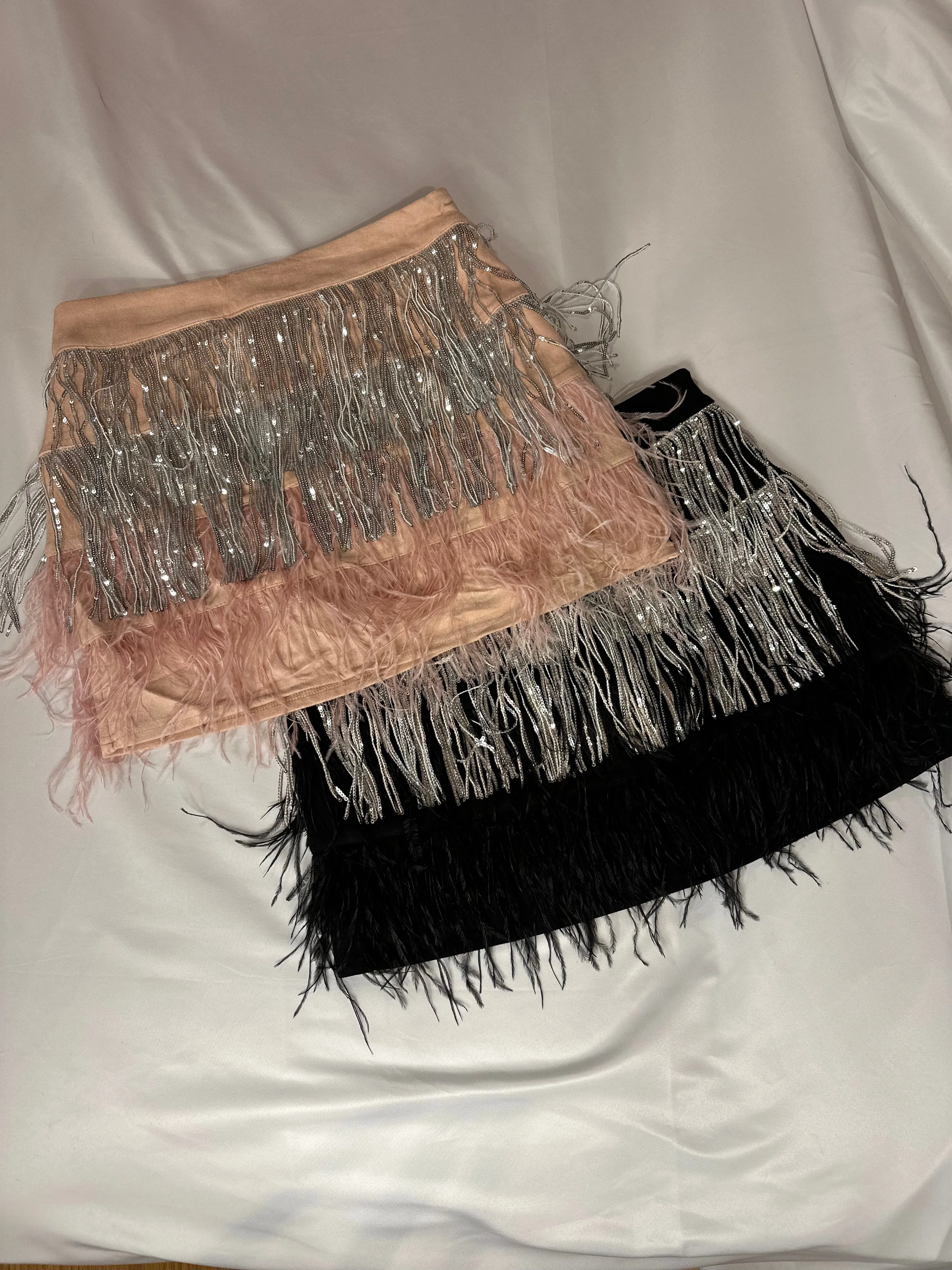 Suede Sequin Fringe & Feather Tiered Skirt