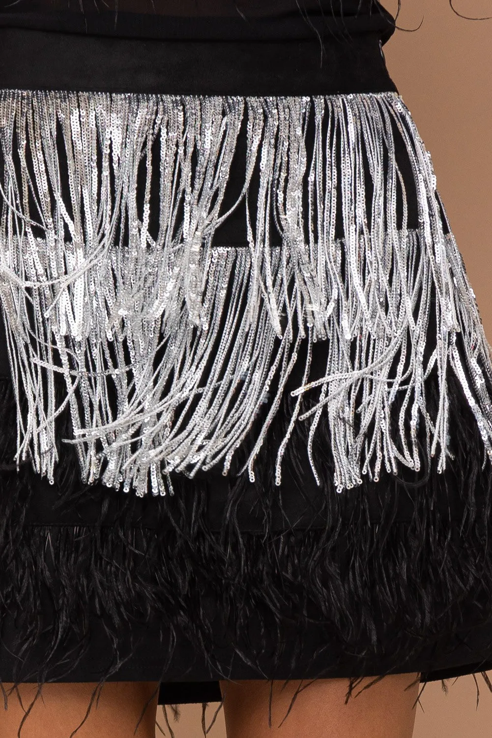 Suede Sequin Fringe & Feather Tiered Skirt