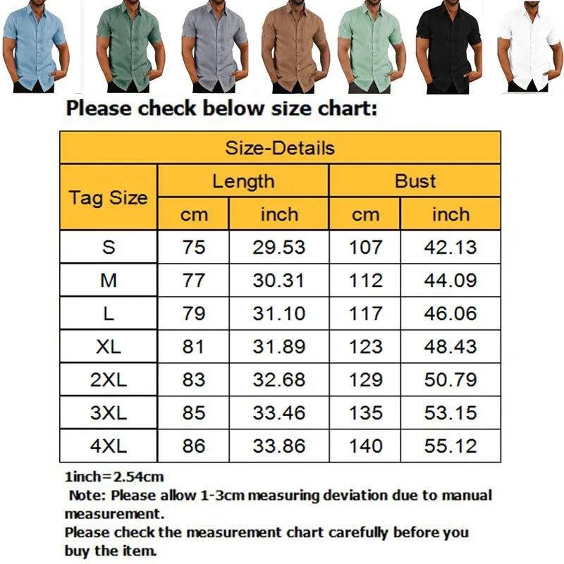 Summer Men's Short Sleeve Shirt Fashion Solid Color Linen Cotton Breathable Leisure Lapel Button T-shirt Business Casual Shirt