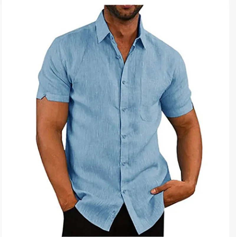 Summer Men's Short Sleeve Shirt Fashion Solid Color Linen Cotton Breathable Leisure Lapel Button T-shirt Business Casual Shirt