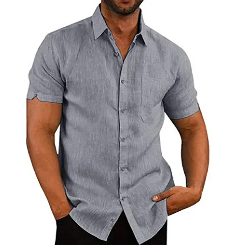 Summer Men's Short Sleeve Shirt Fashion Solid Color Linen Cotton Breathable Leisure Lapel Button T-shirt Business Casual Shirt