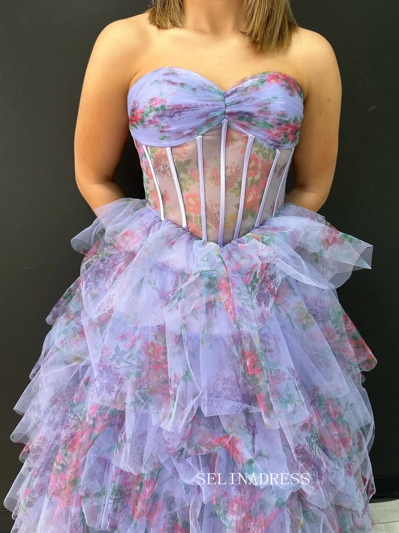 Sweetheart Floral Printed Tiered Lilac Ball Gown Evening Dress Long Prom Dress sew1075