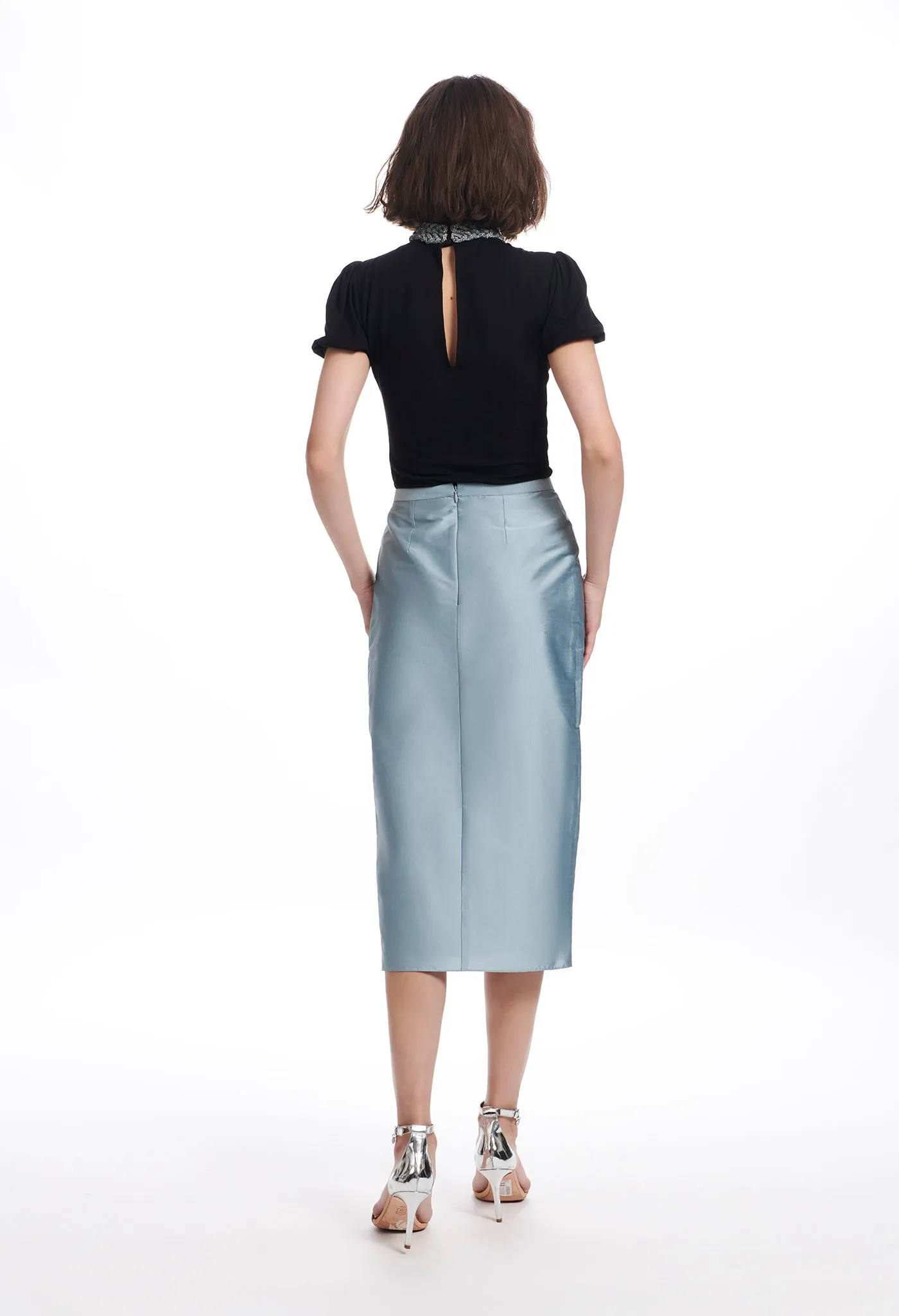 TAFFETA FAUX WRAP MIDI SKIRT