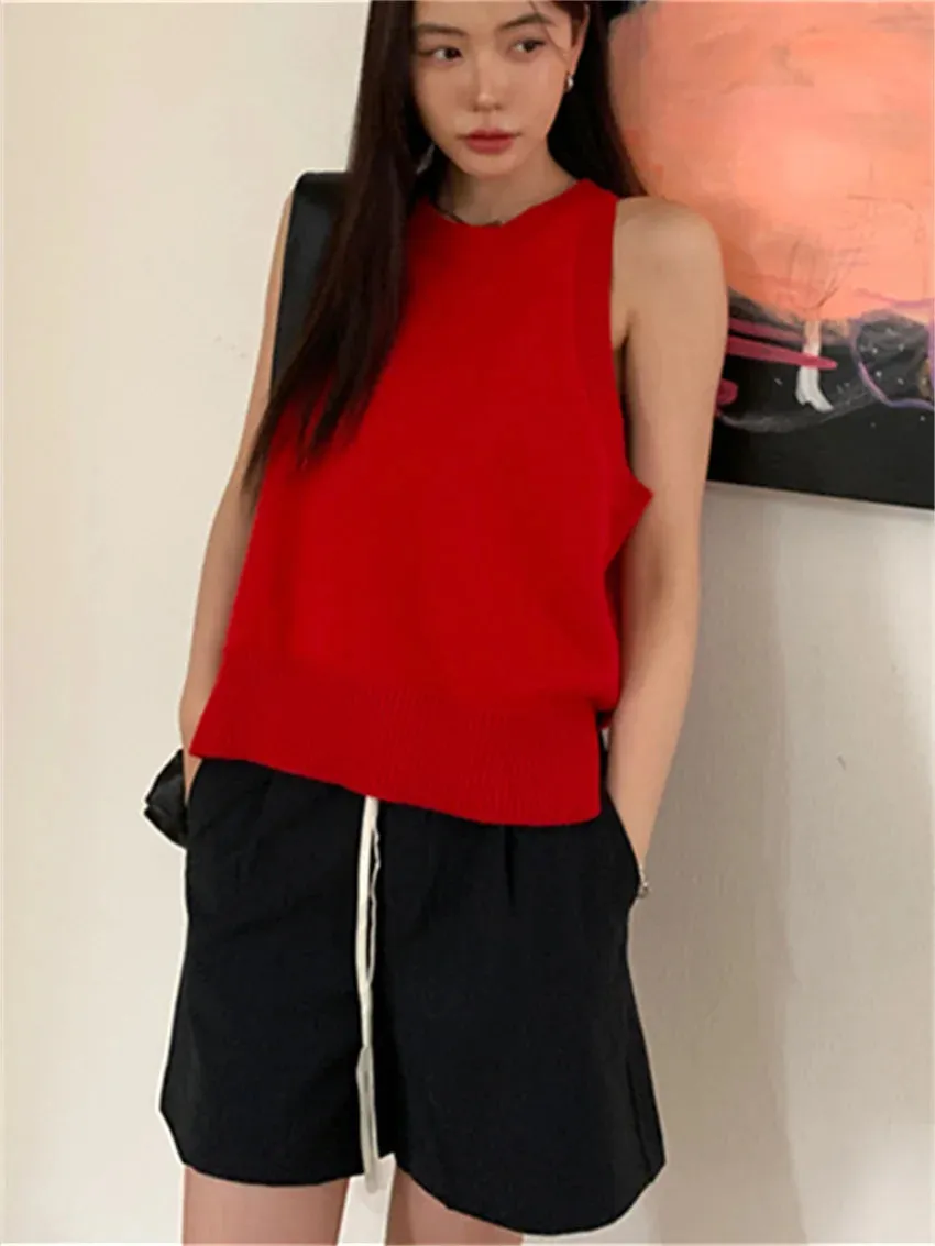 TAVIMART  -  Red Vintage Slim Vest Sweaters Women Pullovers Summer Chic Solid New Office Lady High Street Knitted Gentle OL