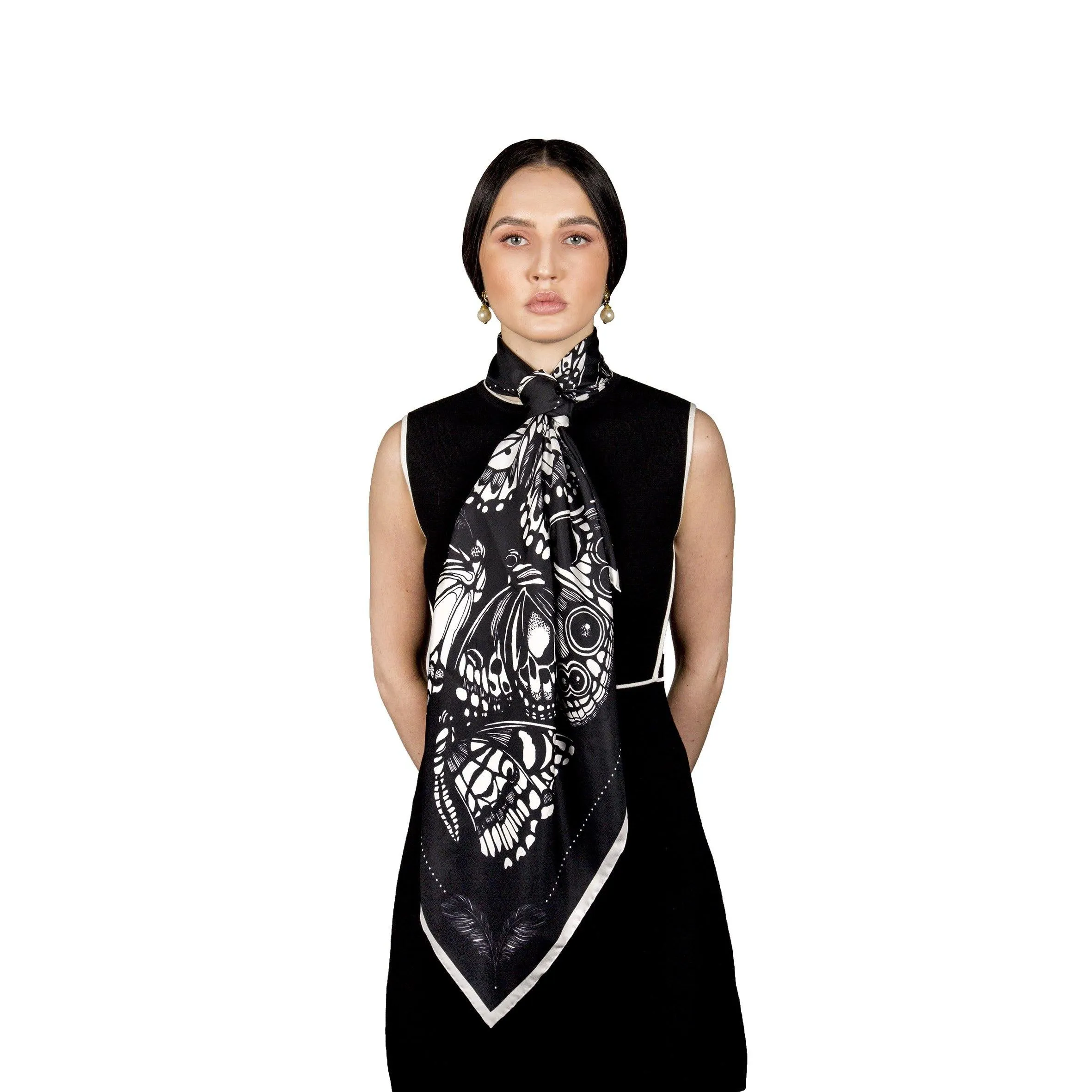 The Tropical Butterfly Silk Scarf - Black | 90x90cm [Preorder]