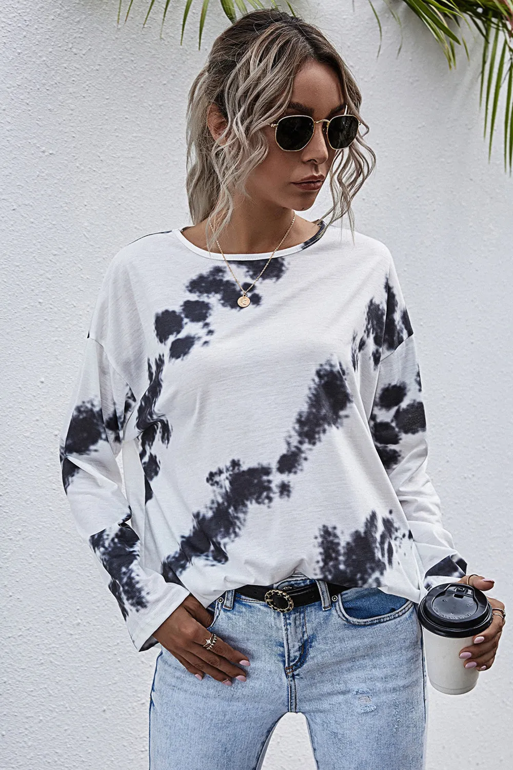 Tie-Dyed Printed Crew Neck Long Sleeve T-Shirt