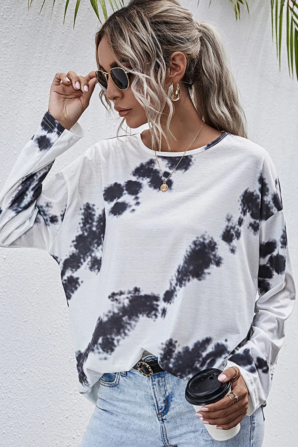 Tie-Dyed Printed Crew Neck Long Sleeve T-Shirt