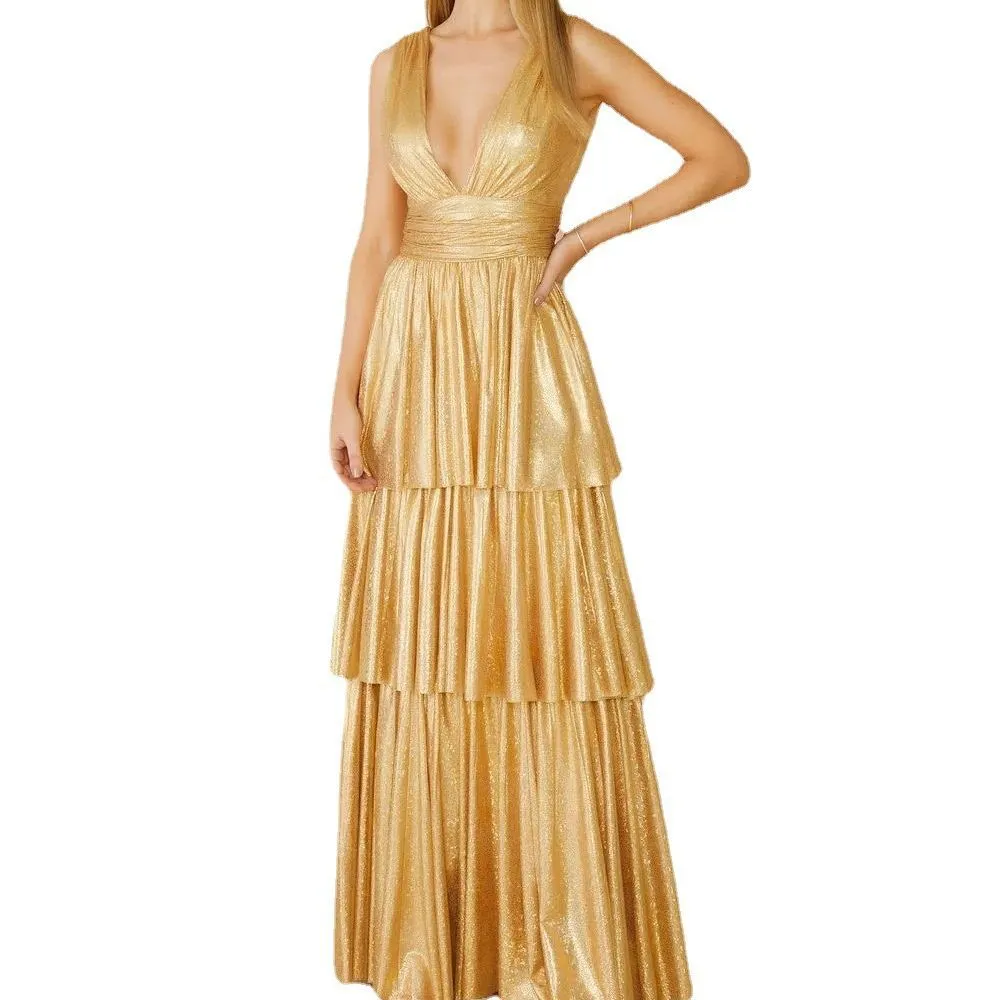 Toleet gold dress Spring and Summer Sling Layered Backless Sleeveless Sexy Multi-Layer Dress