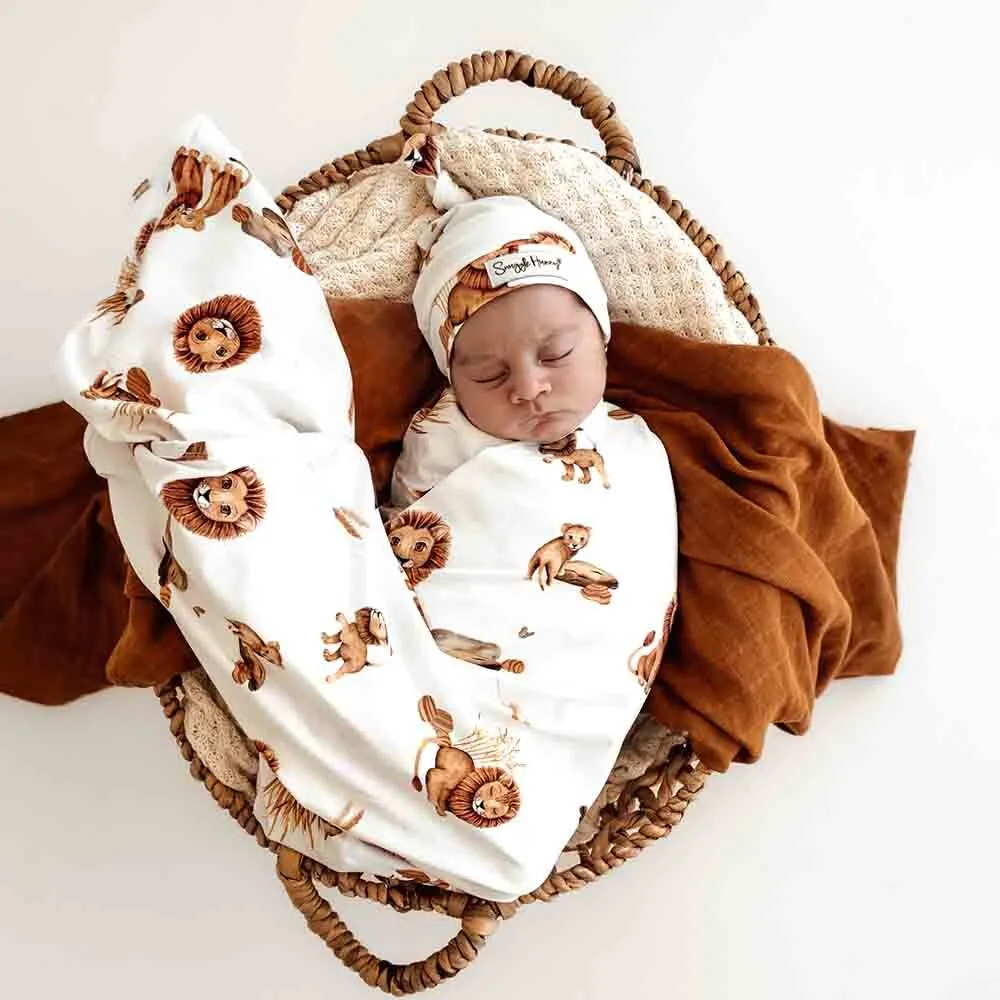 Unisex Cotton Lion Baby Jersey Wrap & Beanie Set