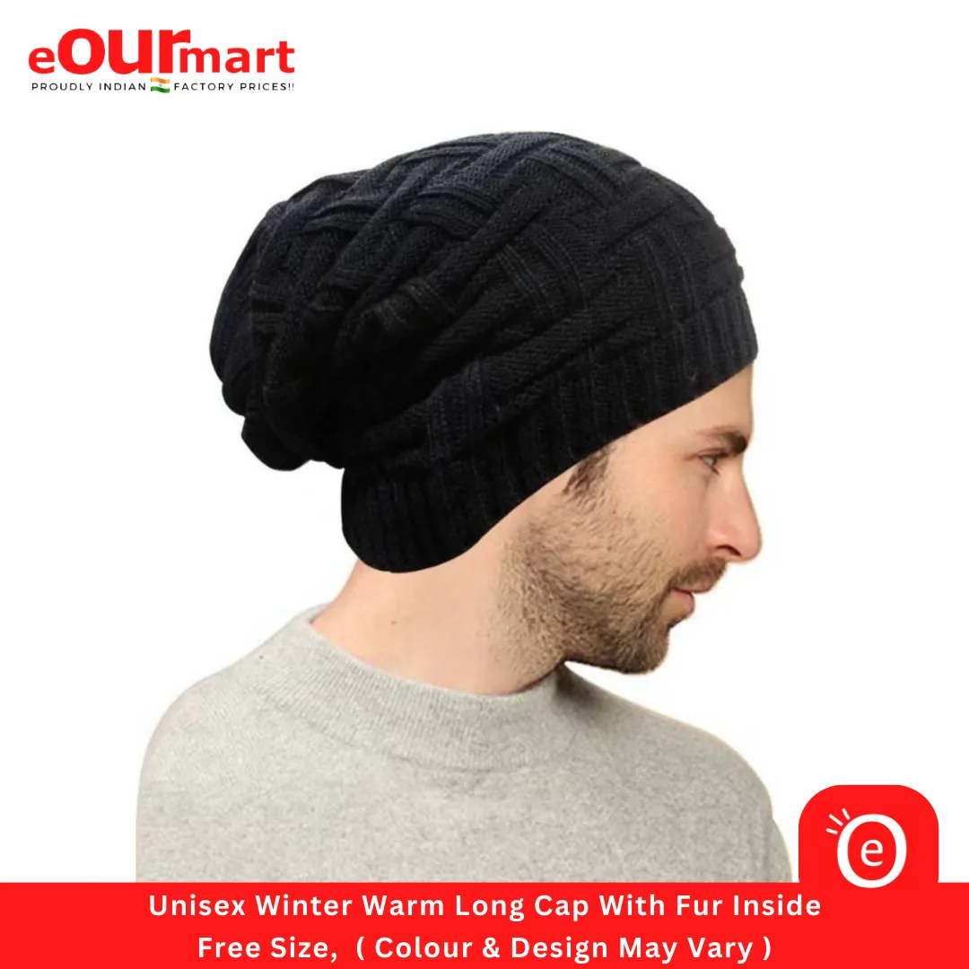 Unisex Winter Warm Long Cap With Fur Inside, Free Size,  ( Colour & Design May Vary )