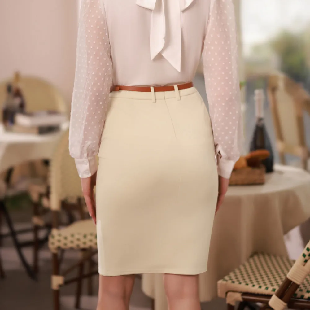 Vintage High Waist Front Slit Knee Length Ruched Pencil Skirt with Belt