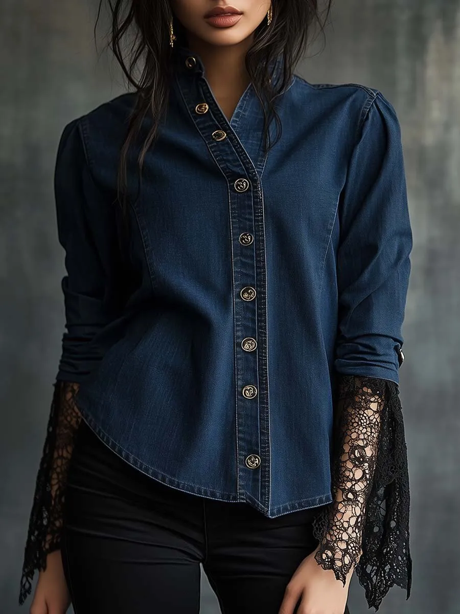 Vintage Lace Cuffs Gold Buttons Denim Shirt