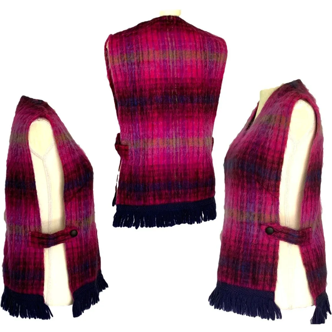 Vintage Pink Plaid Mohair Wool Poncho Vest. Perfect for Fall and Winter Fashion Accessory.