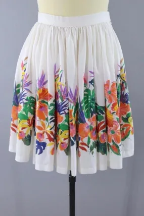 Vintage White Hawaiian Floral Print Full Skirt