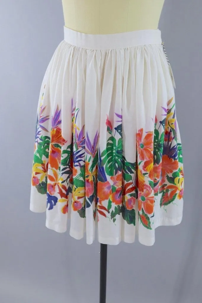 Vintage White Hawaiian Floral Print Full Skirt