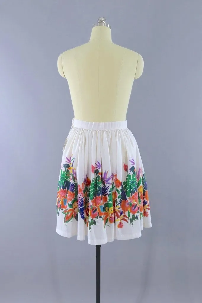 Vintage White Hawaiian Floral Print Full Skirt