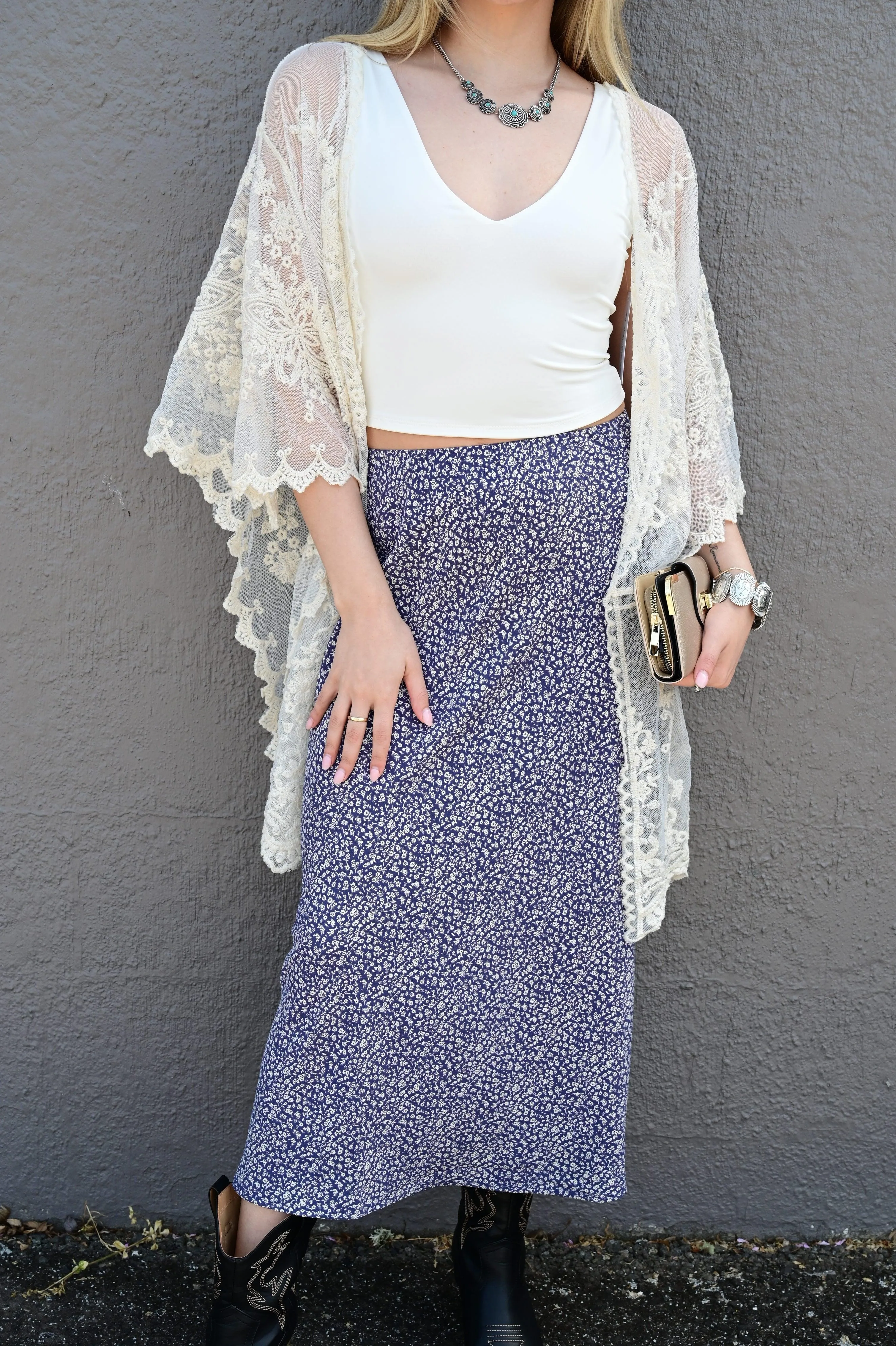 VIOLET FLORAL PRINT MIDI SKIRT WITH ELASTIC WAISTBAND