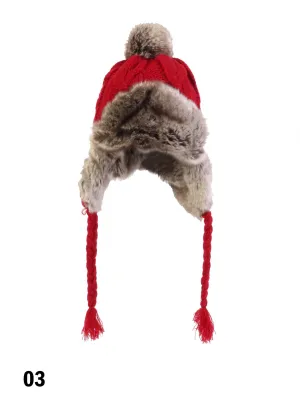 Warm Fur Cable Knitted Hat W/ Ear Flaps & Cable Tassels