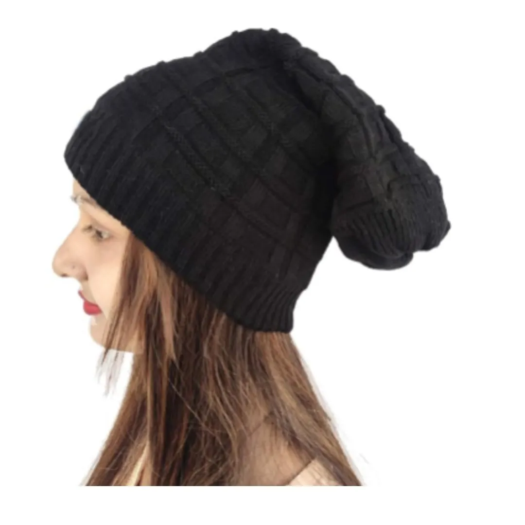 Women Beanie long Knitted Cap With Fur Inside Colour & Design May Vary